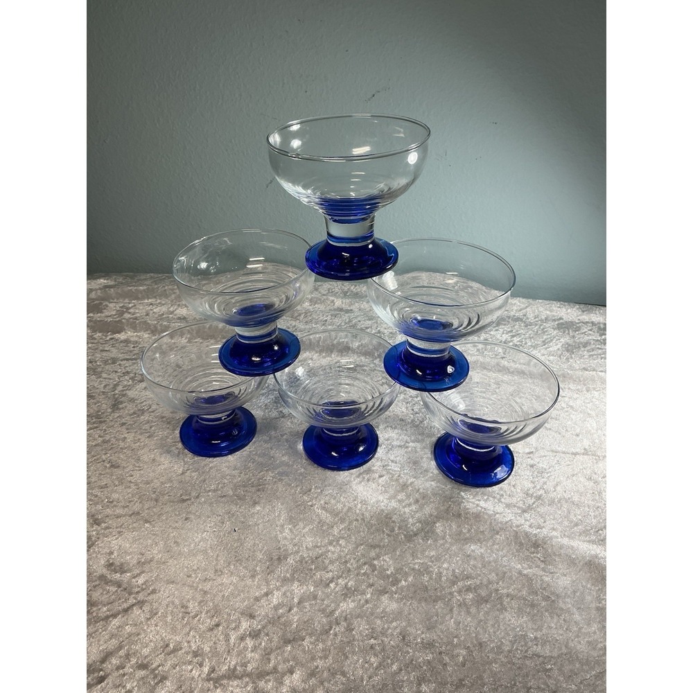 VTG 6 Anchor Hocking Cobalt Blue Base Clear Glass Bowl Dessert Sherbert Cups